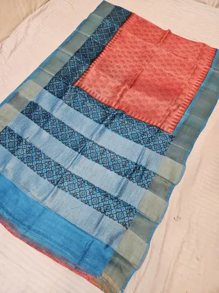 Peach and Cyan Blue Pure Gachi Tussar Silk Saree with Hand Block Printed Mosaic Pallu