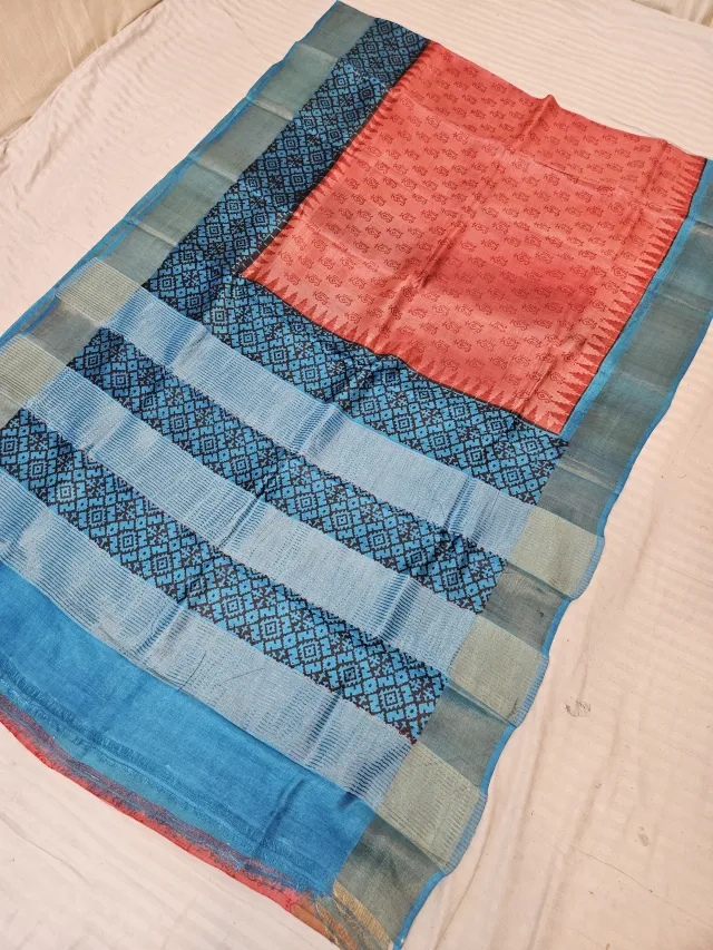 Peach and Cyan Blue Pure Gachi Tussar Silk Saree with Hand Block Printed Mosaic Pallu