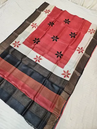 Red and Jet Black Pure Gachi Tussar Silk Saree with Floral Floret Hand Block Print Pallu