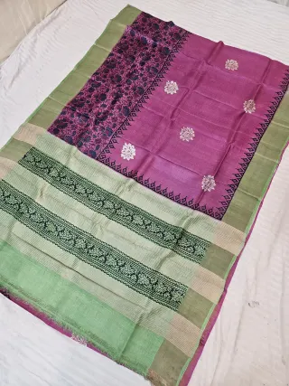Magenta Berry and Mint Green Pure Gachi Tussar Silk Saree with Traditional Floral Block Print Pallu