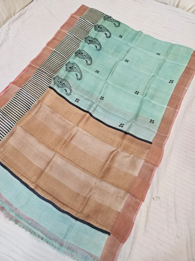 Seafoam Mint and Natural Fawn Pure Gachi Tussar Silk Saree with Hand Block Printed Paisley Pallu