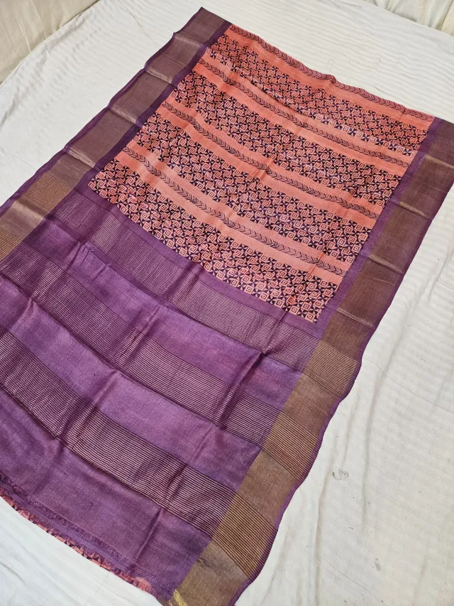 Terracotta and Plum Purple Pure Gachi Tussar Silk Saree with Hand Block Printed Geometric Pallu