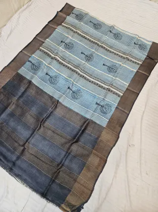 Ice Blue and Slate Charcoal Pure Gachi Tussar Silk Saree with Hand Block Printed Tree Motif Pallu