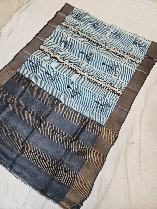 Ice Blue and Slate Charcoal Pure Gachi Tussar Silk Saree with Hand Block Printed Tree Motif Pallu