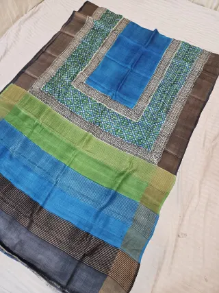 Royal Azure Blue and Moss Green Pure Gachi Tussar Silk Saree with Hand Block Printed Mosaic Pallu