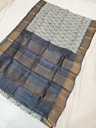 Slate Charcoal Pure Gachi Tussar Silk Saree with Hand Block Printed Diamond Lattice Pallu