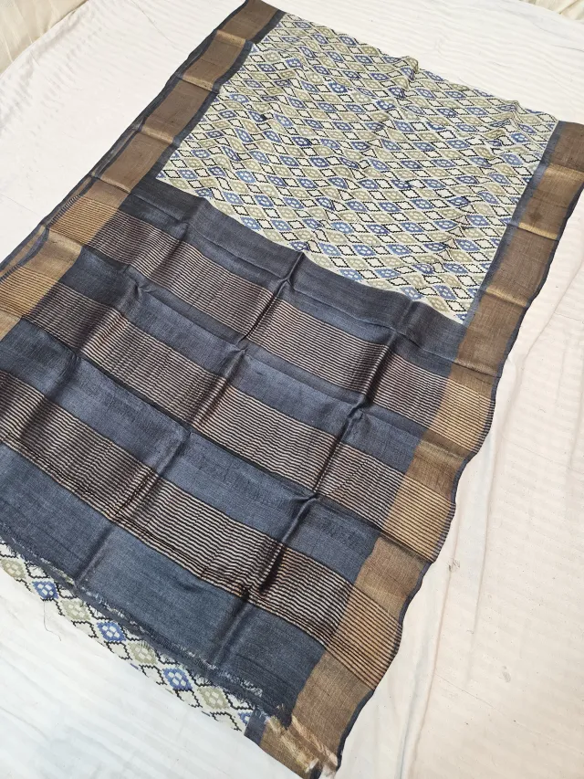 Slate Charcoal Pure Gachi Tussar Silk Saree with Hand Block Printed Diamond Lattice Pallu