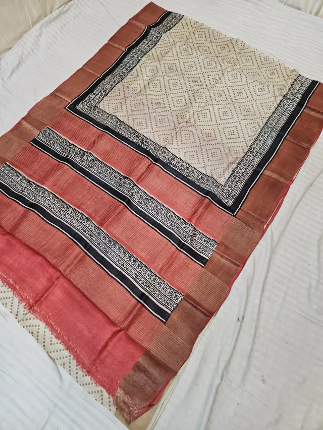 Madder Red Pure Gachi Tussar Silk Saree with Hand Block Printed Diamond Pallu