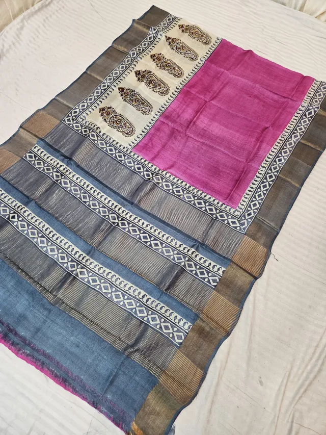 Magenta Pink and Slate Blue Pure Gachi Tussar Silk Saree with Hand Block Printed Paisley Pallu