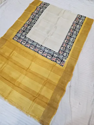 Mustard Yellow Pure Gachi Tussar Silk Saree with Hand Block Printed Animal Motif Pallu