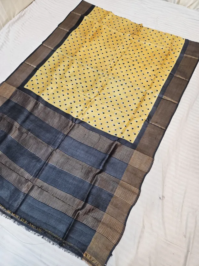 Mustard Yellow and Slate Charcoal Pure Gachi Tussar Silk Saree with Hand Block Printed Polka Dot Pallu