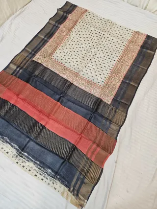 Slate Charcoal Pure Gachi Tussar Silk Saree with Madder Coral Banded Pallu