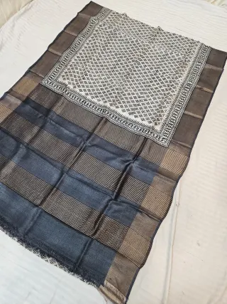 Slate Charcoal Pure Gachi Tussar Silk Saree with Hand Block Printed Star Buti Pallu