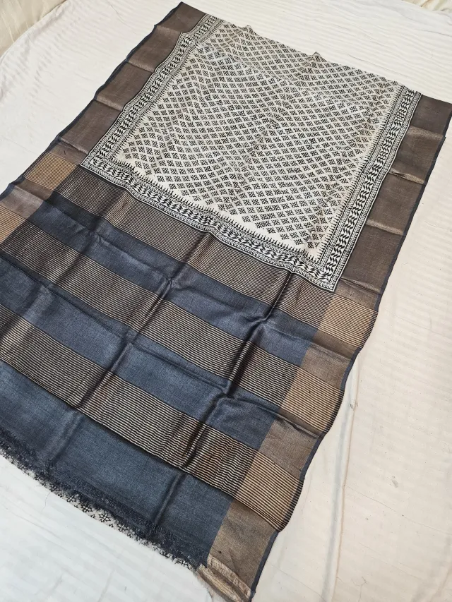 Slate Charcoal Pure Gachi Tussar Silk Saree with Hand Block Printed Star Buti Pallu