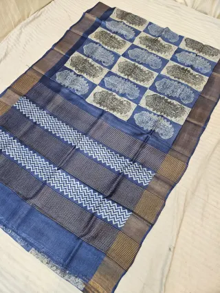 Royal Indigo Blue and Natural Kora Pure Gachi Tussar Silk Saree with Hand Block Printed Paisley Grid Pallu