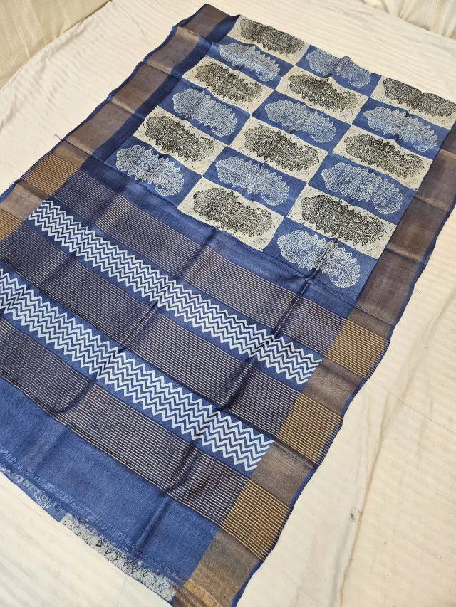 Royal Indigo Blue and Natural Kora Pure Gachi Tussar Silk Saree with Hand Block Printed Paisley Grid Pallu