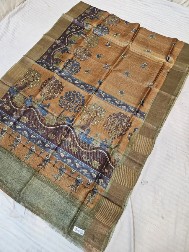 Moss Green Pure Gachi Tussar Silk Saree with Madhubani Tree of Life & Fish Motif Pallu