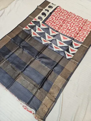 Crimson Red and Slate Charcoal Pure Gachi Tussar Silk Saree with Hand Block Printed Triangle & Paisley Pallu