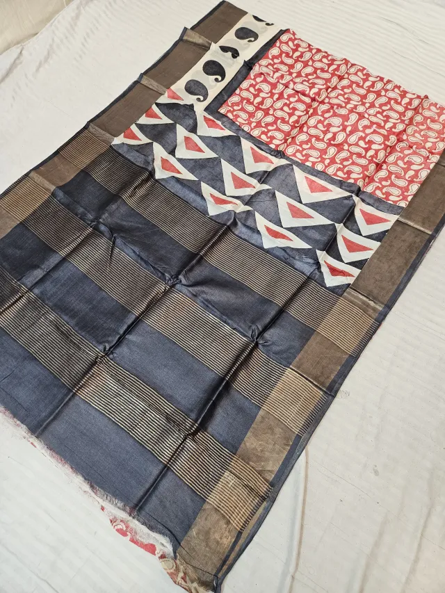 Crimson Red and Slate Charcoal Pure Gachi Tussar Silk Saree with Hand Block Printed Triangle & Paisley Pallu