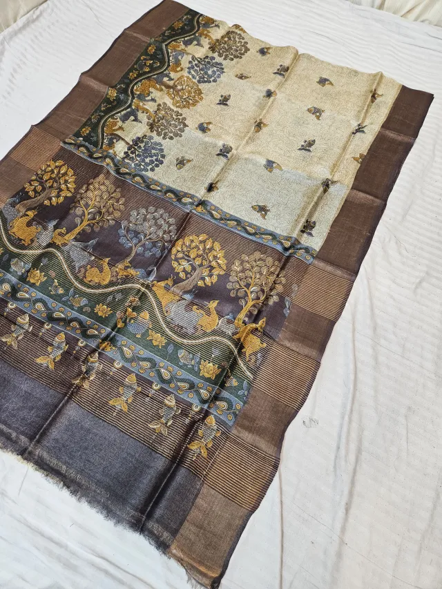 Cream and Slate Charcoal Pure Gachi Tussar Silk Saree with Madhubani Tree of Life & Deer Motif Pallu