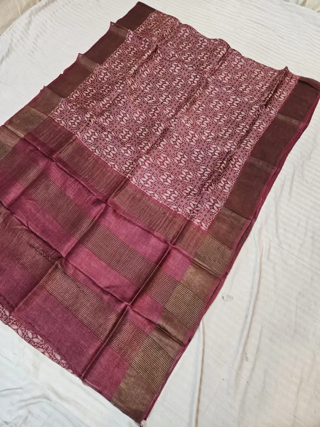 Wine Mulberry and Raspberry Rose Pure Gachi Tussar Silk Saree with Hand Block Printed Floral Lattice Pallu