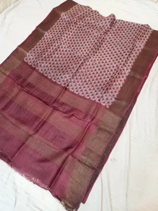 Wine Mulberry and Raspberry Rose Pure Gachi Tussar Silk Saree with Hand Block Printed Floral Mosaic Pallu