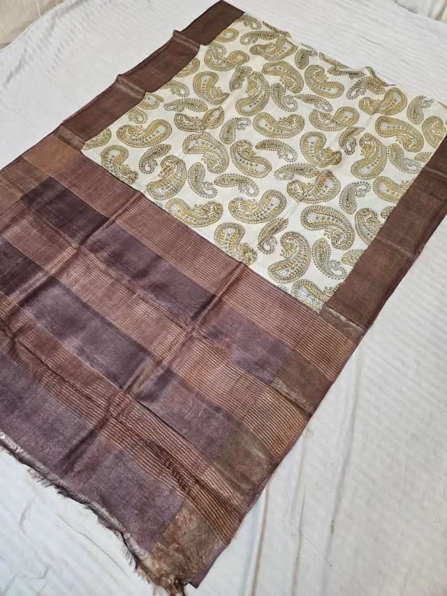 Espresso Brown Pure Gachi Tussar Silk Saree with Hand Block Printed Golden Paisley Pallu