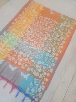 Peach Multi-Color Blended Bangalore Silk Saree with Handcrafted 3D Kantha Stitch Embroidery