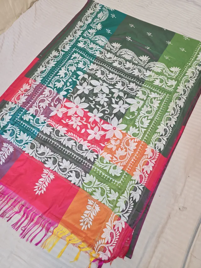 Bottle Green Multi-Color Blended Bangalore Silk Saree with Handcrafted 3D Kantha Stitch Embroidery