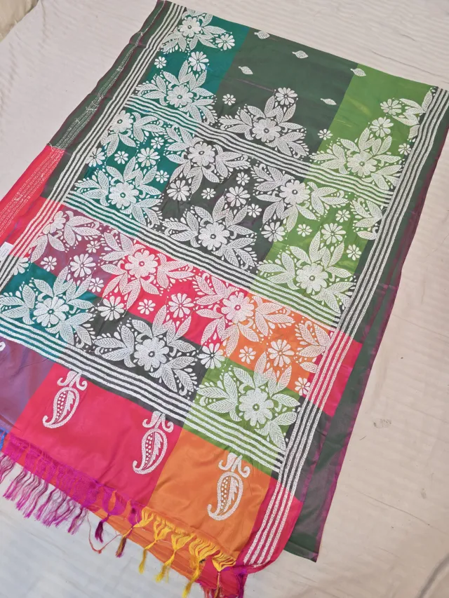 Olive Forest Green Multi-Color Blended Bangalore Silk Saree with Handcrafted 3D Kantha Stitch Embroidery