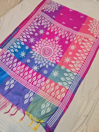 Magenta Pink Multi-Color Blended Bangalore Silk Saree with Handcrafted 3D Kantha Stitch Embroidery