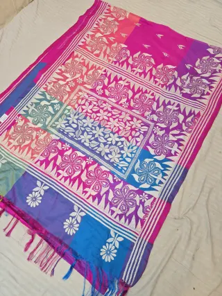 Magenta Pink Multi-Color Blended Bangalore Silk Saree with Handcrafted 3D Kantha Stitch Embroidery