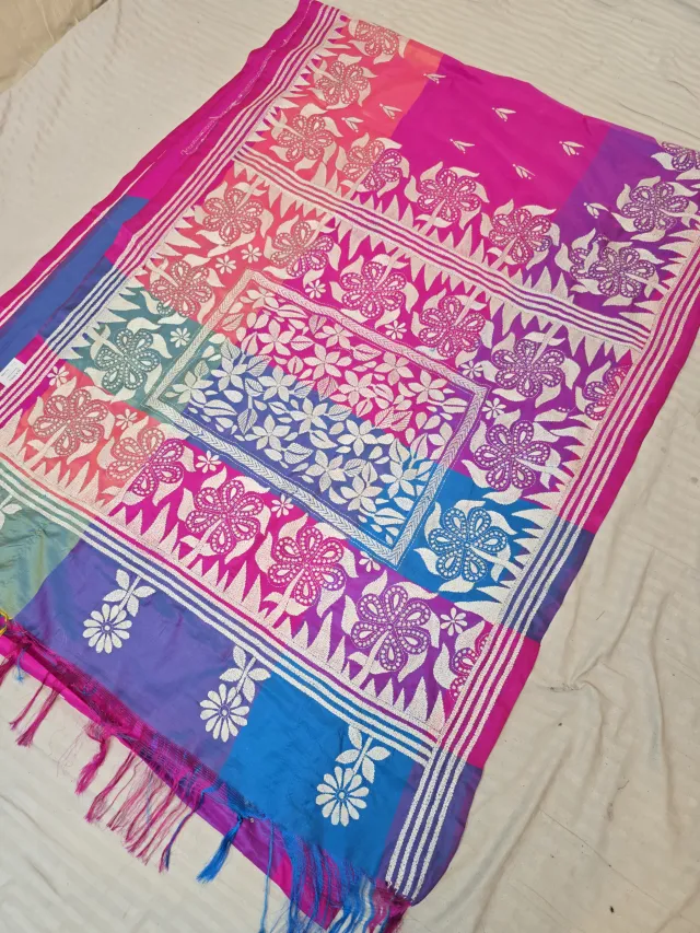 Magenta Pink Multi-Color Blended Bangalore Silk Saree with Handcrafted 3D Kantha Stitch Embroidery