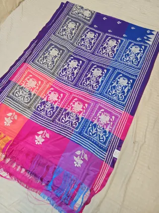 Royal Violet Multi-Color Blended Bangalore Silk Saree with Handcrafted 3D Kantha Stitch Embroidery