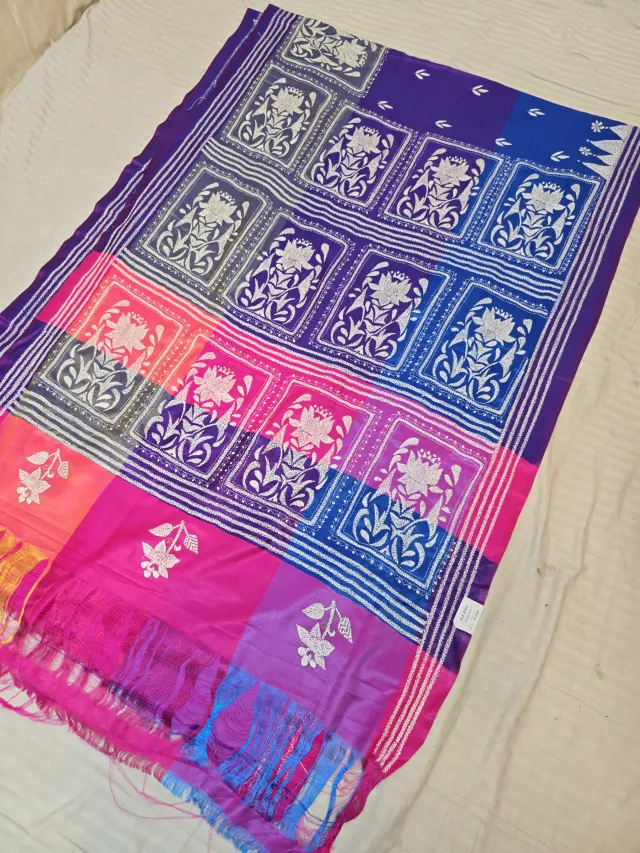 Royal Violet Multi-Color Blended Bangalore Silk Saree with Handcrafted 3D Kantha Stitch Embroidery