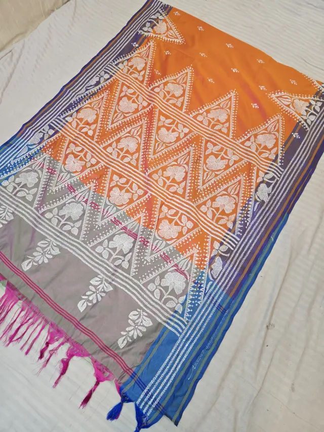 Marigold Orange Multi-Color Blended Bangalore Silk Saree with Handcrafted 3D Kantha Stitch Embroidery