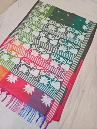 Forest Green Multi-Color Blended Bangalore Silk Saree with Handcrafted 3D Kantha Stitch Swan & Lotus Pallu