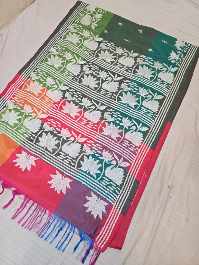 Forest Green Multi-Color Blended Bangalore Silk Saree with Handcrafted 3D Kantha Stitch Swan & Lotus Pallu