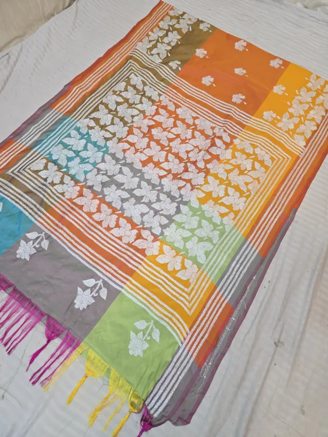 Mango Orange Multi-Color Blended Bangalore Silk Saree with Handcrafted 3D Kantha Stitch Embroidery