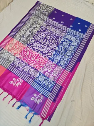 Royal Violet Multi-Color Blended Bangalore Silk Saree with Handcrafted 3D Kantha Stitch Medallion Pallu
