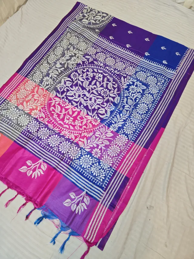 Royal Violet Multi-Color Blended Bangalore Silk Saree with Handcrafted 3D Kantha Stitch Medallion Pallu