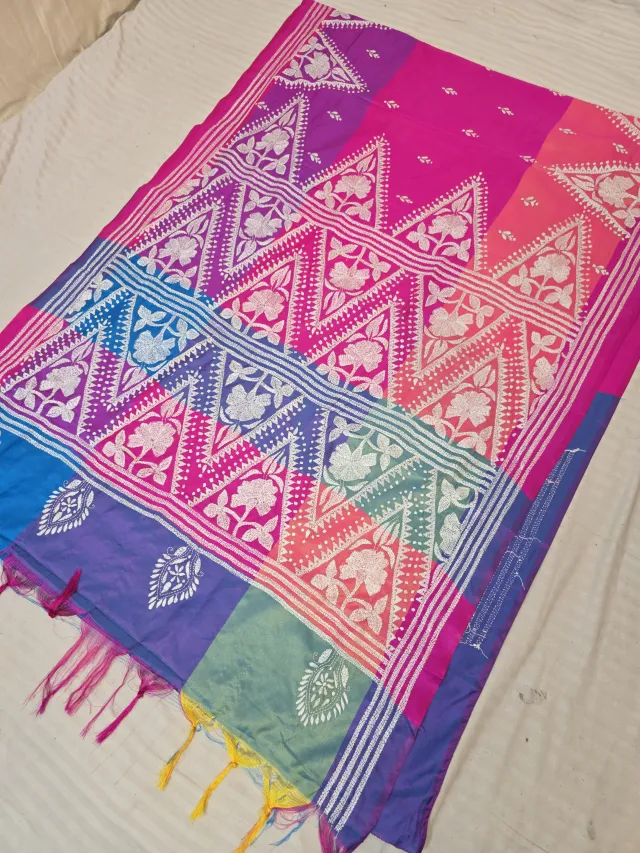 Fuchsia Pink Multi-Color Blended Bangalore Silk Saree with Handcrafted 3D Kantha Stitch Embroidery