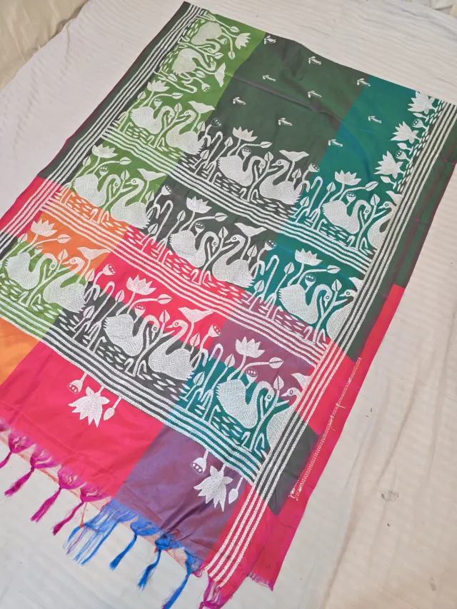 Forest Bottle Green Multi-Color Blended Bangalore Silk Saree with Handcrafted 3D Kantha Stitch Swan & Lotus Pallu