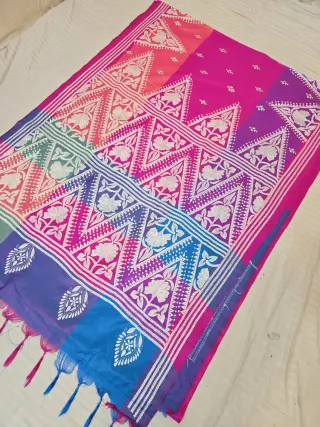 Fuchsia Pink Multi-Color Blended Bangalore Silk Saree with Handcrafted 3D Kantha Stitch Embroidery