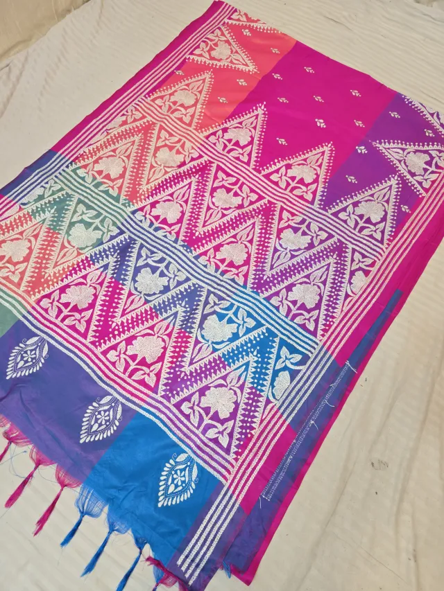 Fuchsia Pink Multi-Color Blended Bangalore Silk Saree with Handcrafted 3D Kantha Stitch Embroidery