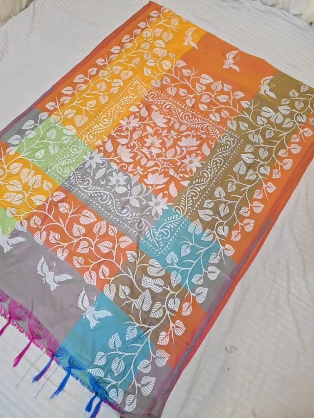 Marigold Orange Multi-Color Blended Bangalore Silk Saree with Handcrafted 3D Kantha Stitch Embroidery