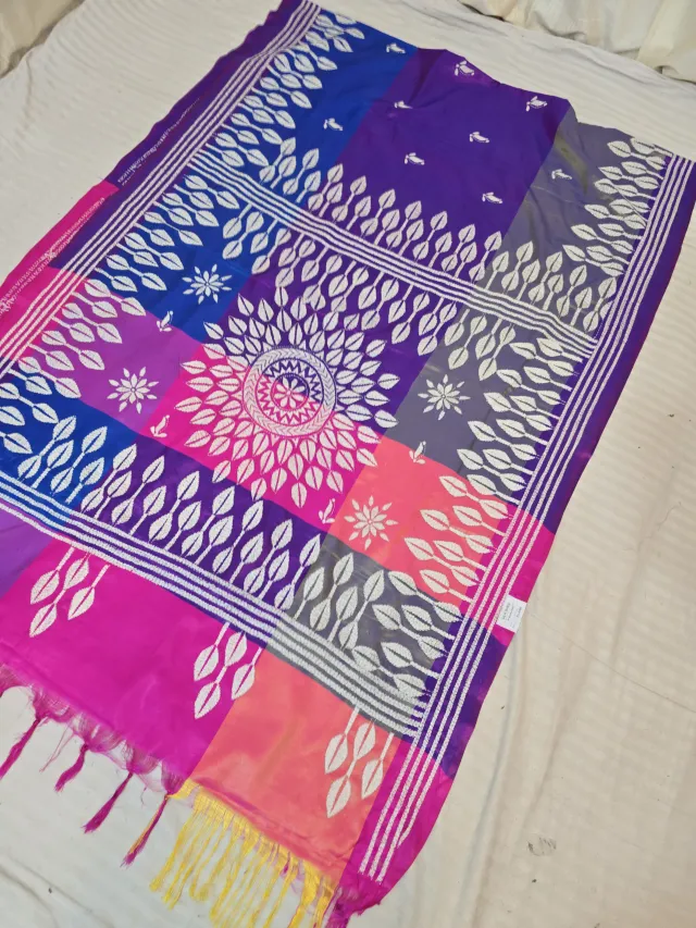 Royal Violet Multi-Color Blended Bangalore Silk Saree with Handcrafted 3D Kantha Stitch Embroidery