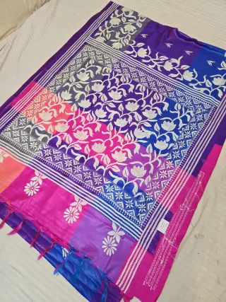 Royal Violet Multi-Color Blended Bangalore Silk Saree with Handcrafted 3D Kantha Stitch Lotus Jaal Pallu