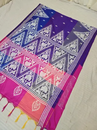 Royal Violet Multi-Color Blended Bangalore Silk Saree with Handcrafted 3D Kantha Stitch Embroidery