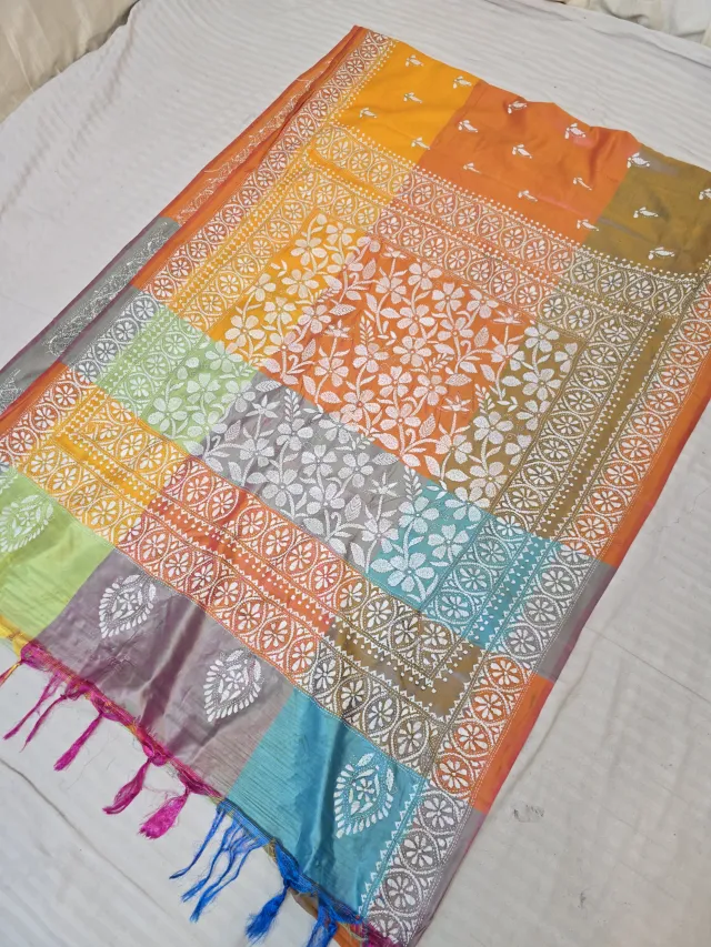 Marigold Orange Multi-Color Blended Bangalore Silk Saree with Handcrafted 3D Kantha Stitch Floral Carpet Pallu